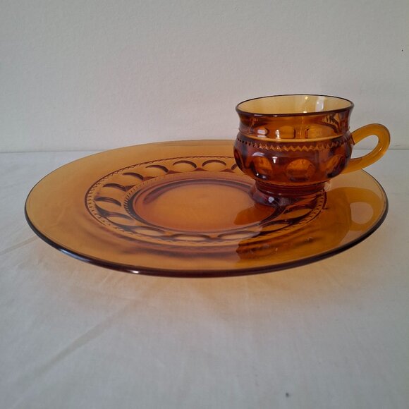 Vintage Indiana Glass Amber Kings Crown Thumbprint 10.25" Snack Plate + 8 Oz Cup - Picture 1 of 10
